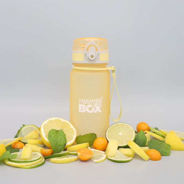 Gelbe auslaufsichere Trinkflasche. BPA-frei und für Kohlensäure geeignet. 350ml. Ideal für Kinder in der KiTa, Schule oder Spielplatz.