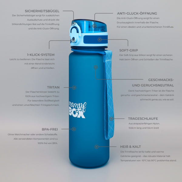 Auslaufsichere Trinkflasche für Kinder in blau. BPA-frei und Kohlensäure geeignet. Ideal für Schule und Kindergarten. 500ml Fassungsvermögen. Halbfront- Halbseitenansicht mit Fruchtsieb und Nylon-Trageschlaufe. Flaschenkörper aus Tritan. Geruchs- und Geschmacksneutral